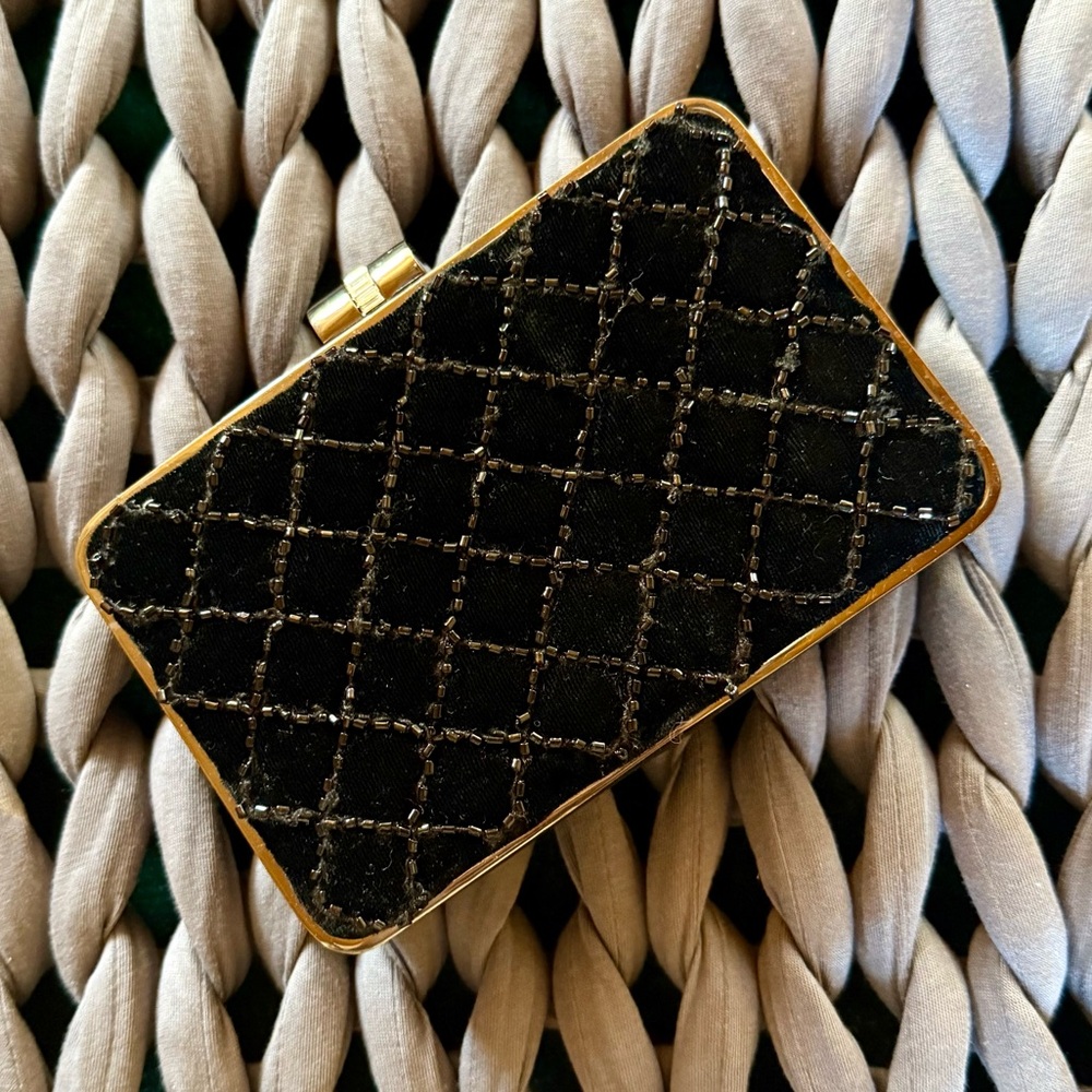 Banana Republic Black and Gold Quilted Clutch with Metal Chain - Never Used